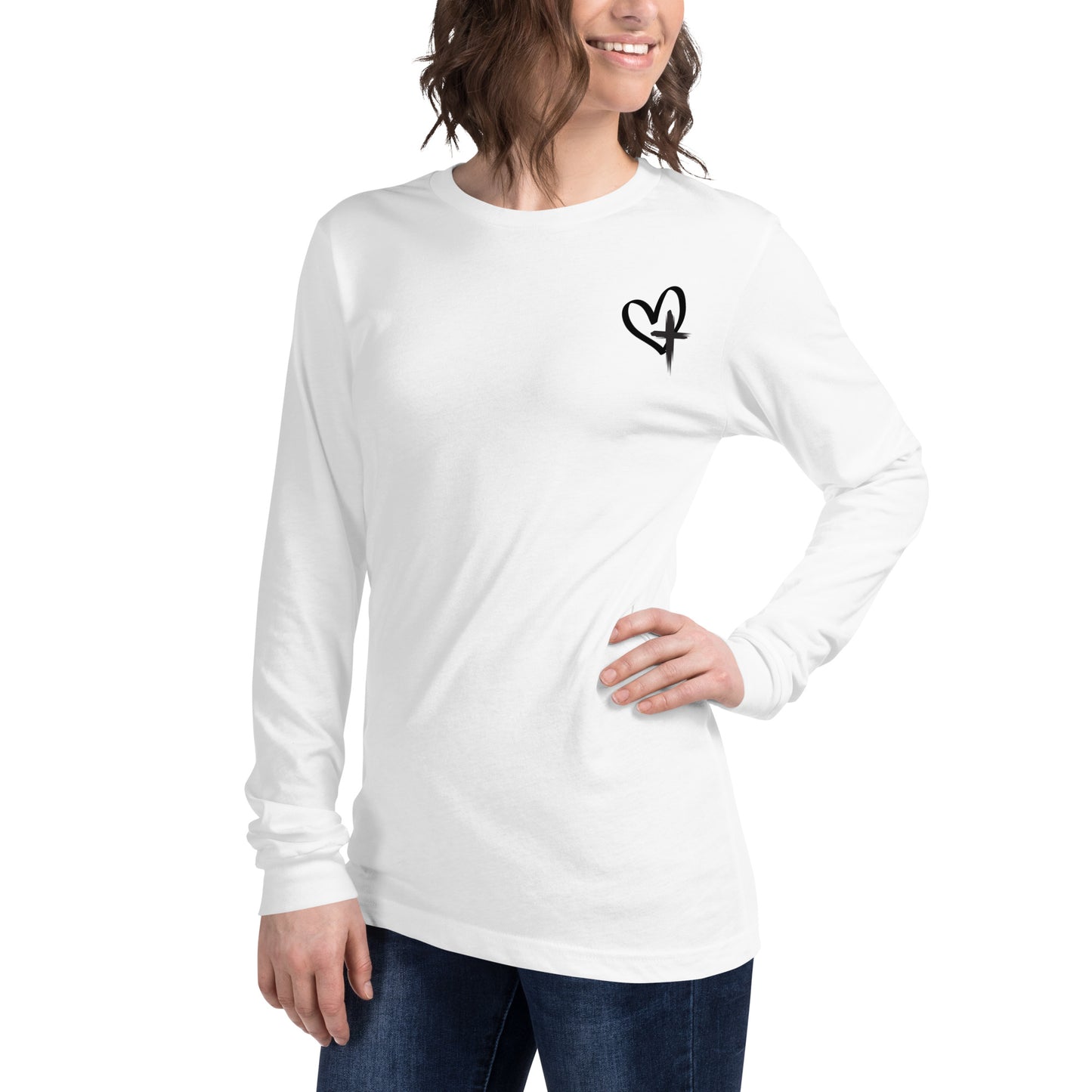 JESUS HAS MY BACK LONG-SLEEVE WHITE SHIRT FOR WOMEN